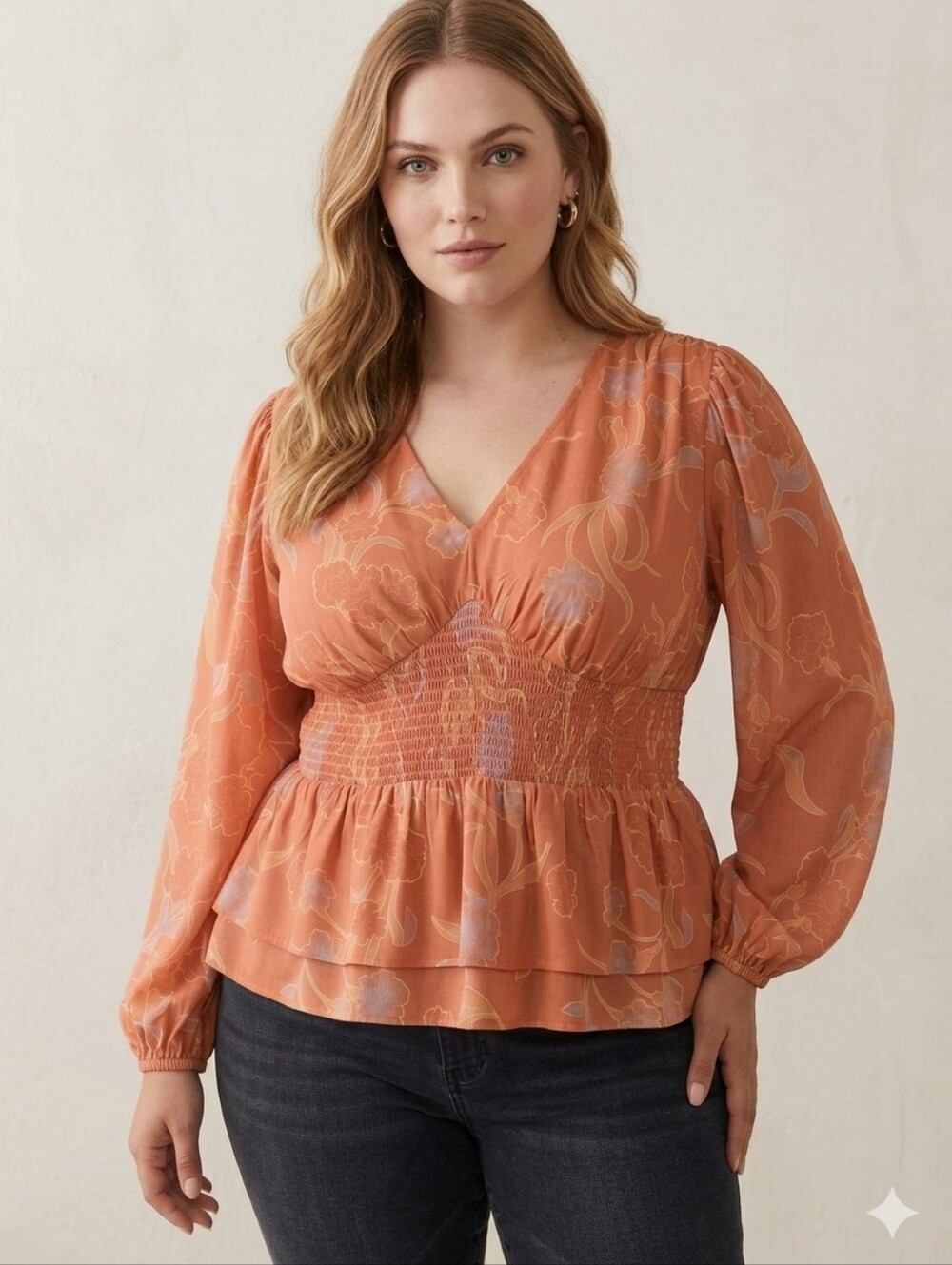 DR2 Peach Floral V-Neck Smocked Peplum Top XXL